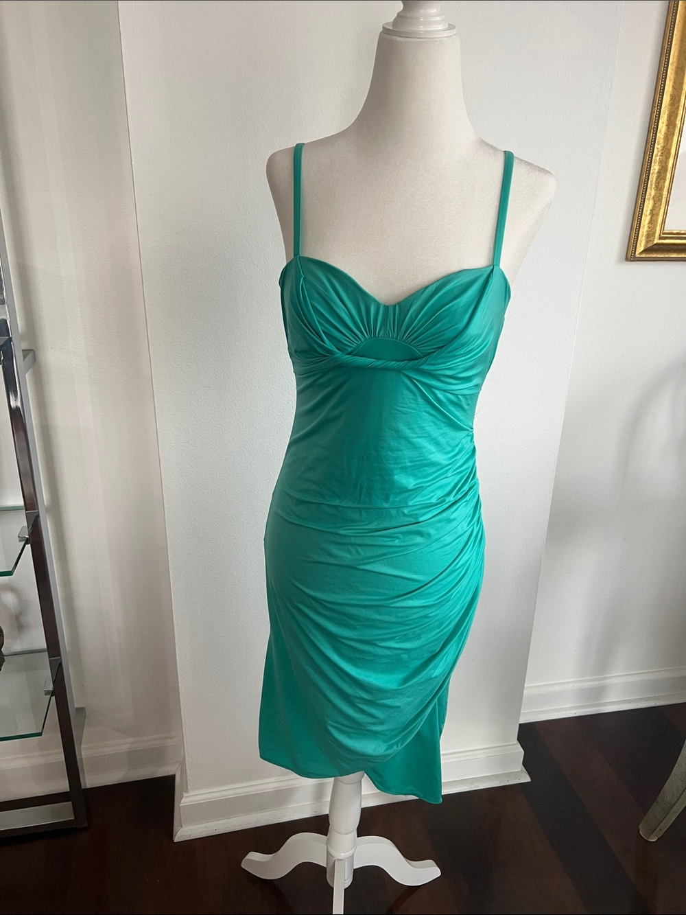 La Perla Emerald Green Spaghetti-Strap Ruched Midi Dress